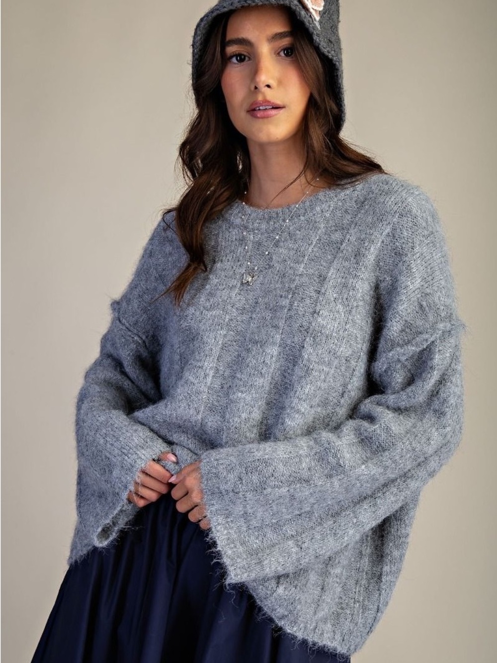 49.Easel OVERSIZED LONG SLEEVE FUZZ KNITTED SWEATER heather grey gray - Picture 2 of 6